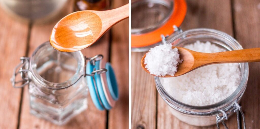 Split image: On the left, a jar with glycerin; on the right, a wooden spoon with coarse white salt over an open glass jar.