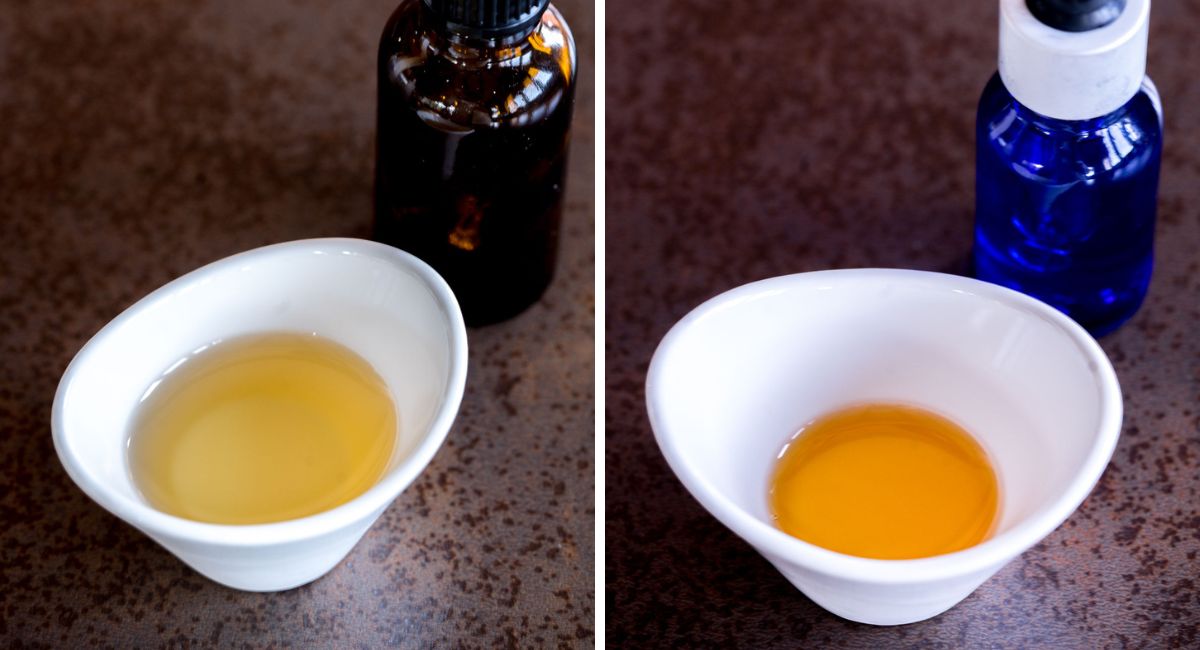 Two white bowls, each containing a small amount of natural preservatives: on the left, Sharomix 705 is a straw color while Geogard 221 on the right is more amber colored.