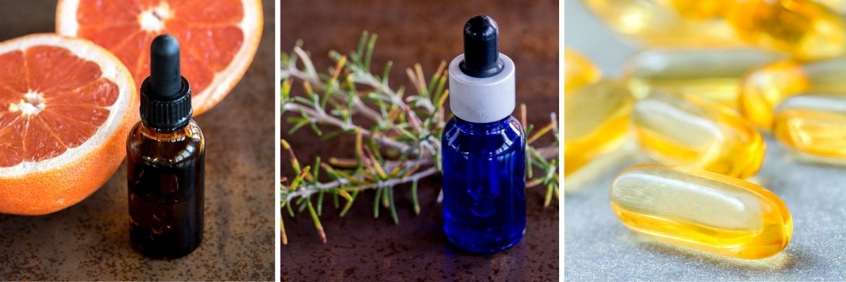Three images: grapefruit seed extract, rosemary extract, and vitamin E