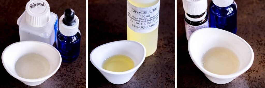 Three natural cosmetic preservatives used in DIY skincare: Rokonsal BSB-N on the left, Euxyl K903 in the center, and Dermorganics 1388 on the right.