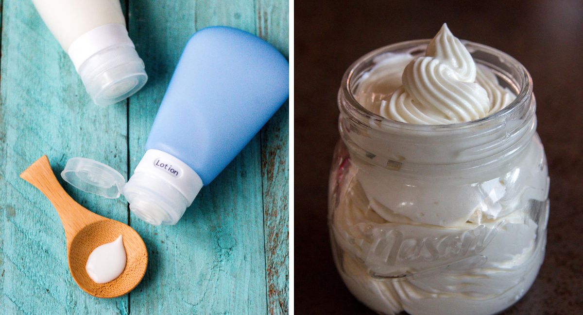 Split image: Left side shows two lotion bottles and a wooden spoon with lotion on blue wood. Right side shows a glass jar filled with whipped body butter