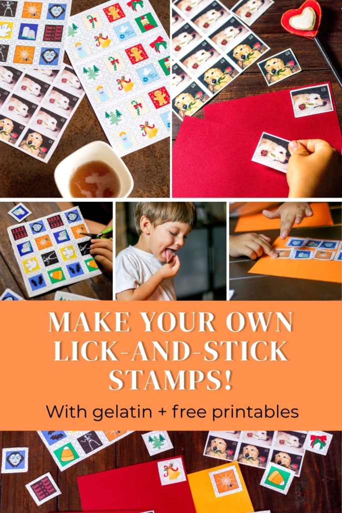 Pinterest collage featuring printable Halloween and Christmas stamp designs, homemade gelatin glue, and a child placing decorative stamps on a red envelope. Additional photos show a child cutting out stamps, licking one, and pressing stamps onto orange paper. Text reads “Make Your Own Lick-and-Stick Stamps! With gelatin + free printables.”