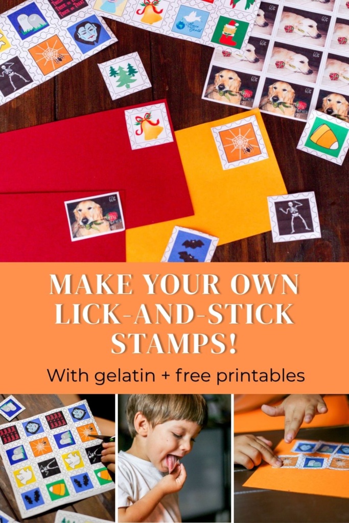 Pinterest pin showing homemade decorative stamps on colorful envelopes, with photos of a child cutting, licking, and sticking the stamps. Text reads “Make Your Own Lick-and-Stick Stamps! With gelatin + free printables.”