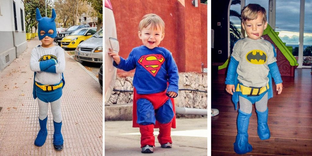 Homemade Batman and Superman costumes showing how fleece superhero boot covers can ride up and expose the shoes underneath.