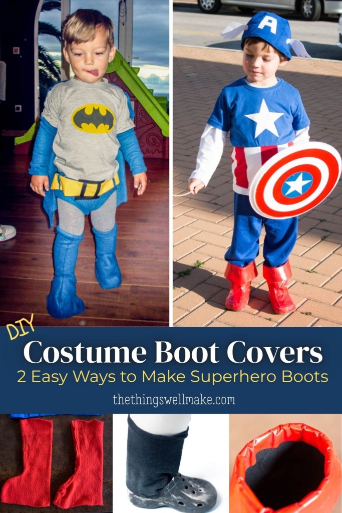 A collage showing a child in a Batman costume, a child in a Captain America costume, and DIY tutorial steps for making superhero costume boot covers.