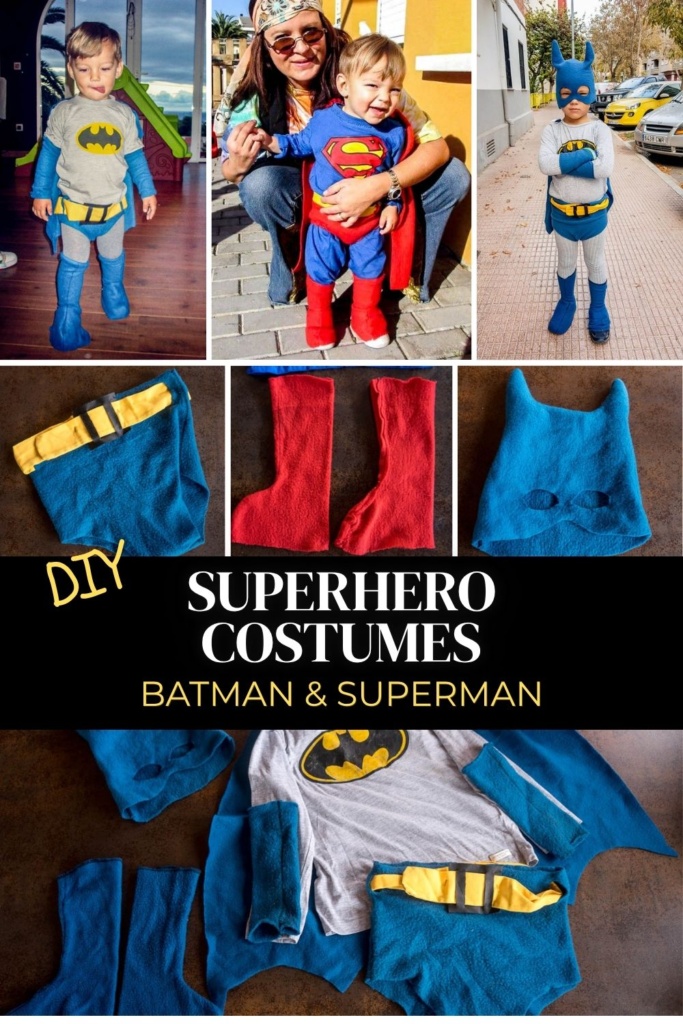 Pinterest collage of homemade Batman and Superman costumes for kids, showing finished costumes, fleece superhero boots, a Batman mask, and a handmade belt.