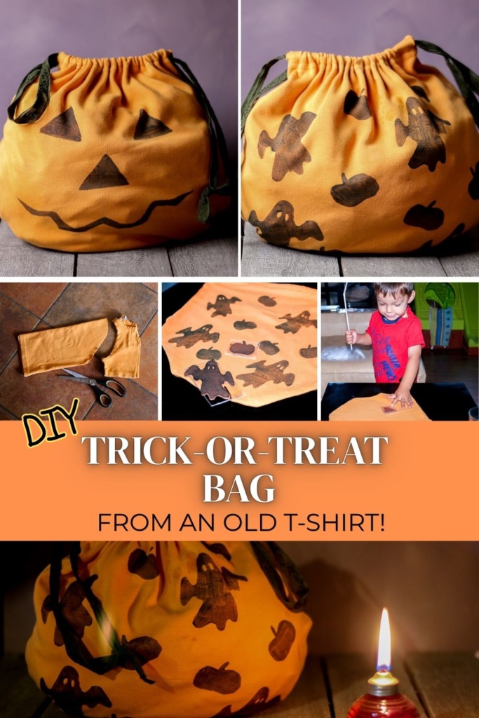 Collage showing a DIY Halloween trick-or-treat bag made from an old orange T-shirt. The top photos show both sides of the finished drawstring bag, decorated with a jack-o'-lantern face, ghosts, and pumpkins. Smaller photos show the T-shirt being cut, homemade fabric stamps, and a young boy helping decorate the bag. Text reads “DIY Trick-or-Treat Bag from an Old T-Shirt!”